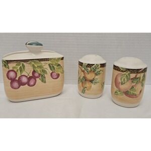 Vtg Jay Imports Ceramic Napkin Holder Salt Pepper Shaker Fruit Pattern Set of 3